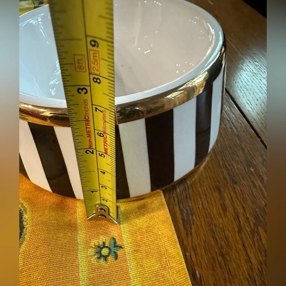Vintage Henri Bendel Centennial Stripe and Gold Rimmed Pet Bowl Pair in EUC